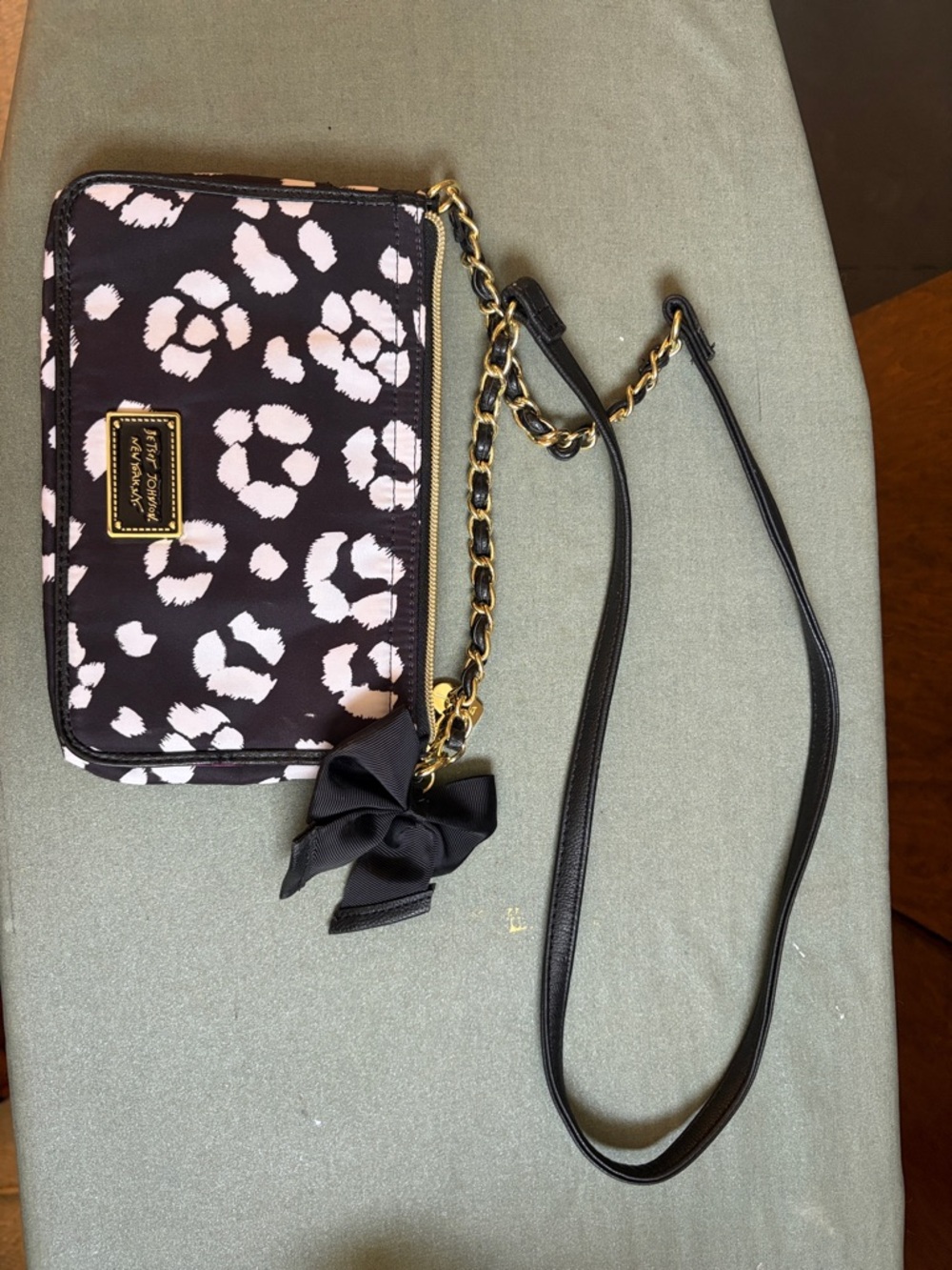 Betsy Johnson Black and White Leopard Print Chain Crossbody with Bow.